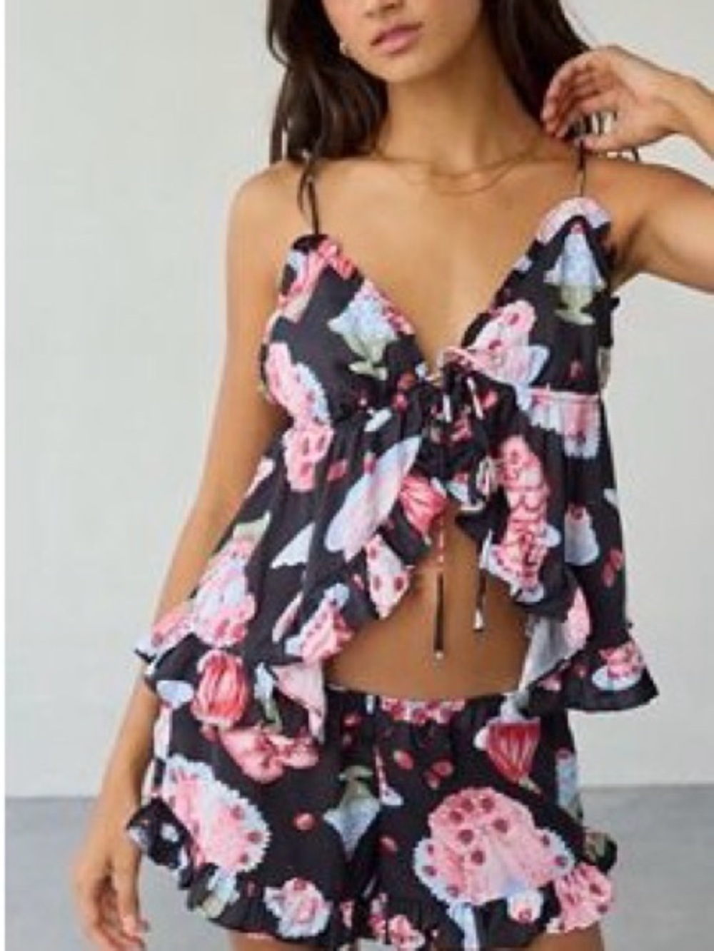 Urban Outfitters Black Floral Ruffle Cami Swim Coverup - Pink Accent